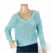 Buffalo David Bitton Women's Sz M Turquoise Cropped Knit Sweater Cutout Back