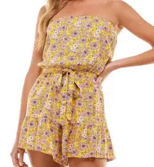 BEBOP Yellow Multicolor Womens Juniors Floral Strapless Romper, Medium