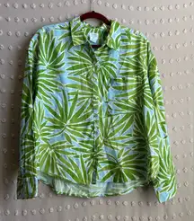 Sigrid Olsen 100% Linen Palm Print Button‎ Up Long Sleeve Sz L Blue Green
