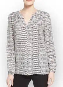 NYDJ Pintuck Blouse Women's Small White Black Long Crepe Sleeve High-Low V-Neck