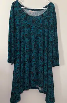 Woman Within Plus Size 3X Teal Paisley Sharkbite Hem Flowy 3/4 sleeve‎ Tunic Top