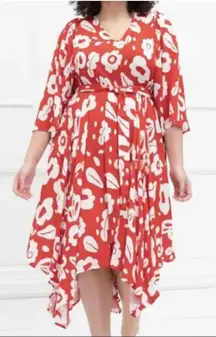 Eloquii Dress New Plus Sz 22 Bold Floral Short Sleeve Red Asymmetrical Hem