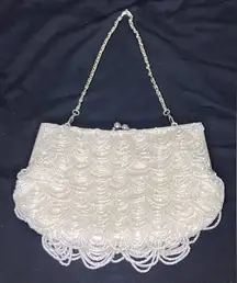 Beaded Evening Party Wedding White Handbag Purse Chain‎ Strap Kiss Lock Closure