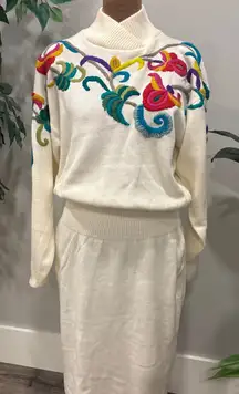 Vintage y2k 80's Darian Womens Mock Neck Sweater Dress Floral Embroidery Med