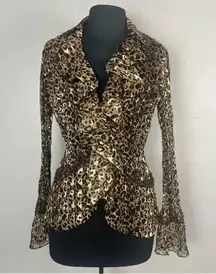 Vintage Y2K Mary L Couture animal print beaded button down ruffle top size small