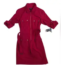 Sharagano Red Trench Coat Military Shirt Dress with Belt