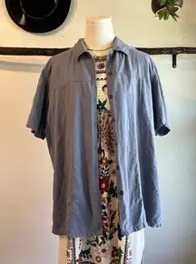 Vintage 90s Blue Textured Silk Button Front Short Sleeve Oversized Shirt Size XL