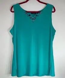 Susan Graver QVC XL Liquid Knit Tank Top Blue Artisan Embellished Neckline