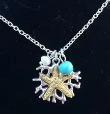 Two Tone Pearl Turquoise Starfish Pendant Necklace