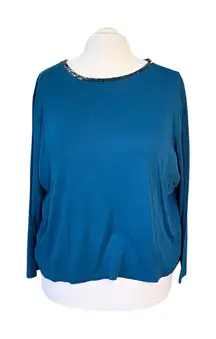 Talbots‎ Beaded Long Sleeve Robins Blue Cotton Shirt 3XL Embellished Bohemian