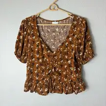 Abound Women’s Brown Floral Cropped Short Sleeve V-Neck Top S