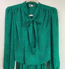 Vintage Womens M Kelly Green Alligator Print Tie Neck Midi Dress Secretary Twee