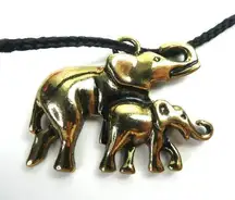 Elephant Mother Mom Mama Baby Africa Black Cord Necklace Pendant Gold Tone Boho