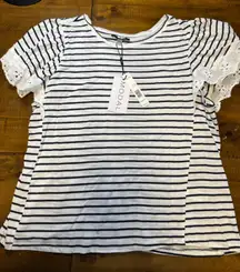 Tahari Blouse Black White Striped Ruffle Short Sleeve NWT size XL