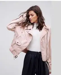 Free People Washed Pink Denim Lace Up Side Moto Jacket