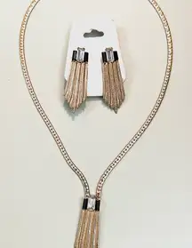 Vintage Gold and Black Rhinestone Tassel Necklace and Earrings Set