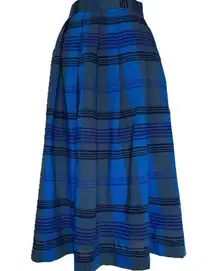 Vintage Geiger Austria Blue Tartan Plaid Midi Skirt Size 40 XS