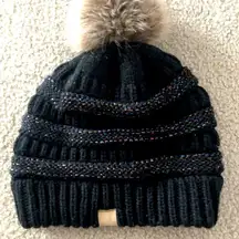 SO Women’s Black with Metallic Specks Cozy Soft Knit Hat with Pom Pom- OSFM