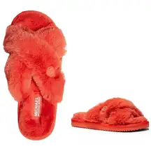 New! MICHAEL KORS Women's Lala Faux Fur Slide Sandals Sea Coral Size 6 Open-Toe
