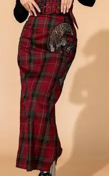 Dressed in lala Plaid Red Maxi Skirt with Embroidered