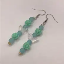 Handmade Mint Green Floral Butterfly Beaded Earrings