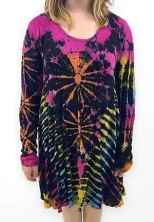 KATHMANDU IMPORTS Tie Dye Long Sleeve Round Neck Midi Swing Shift Shirt Dress