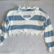 Shein White Blue Stripe Cropped Distressed Sweater Sz Sm