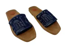 Chloé Navy Mesh Logo Slide Sandals Brown Leather Sole EU 37 Designer Flats