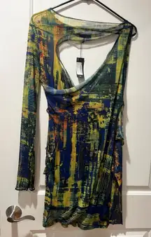 PrettyLittleThing Blue and Yellow Long Sleeve Dress