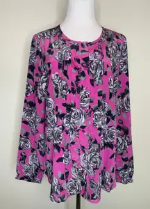 Pendleton Pink Purple Gray Floral 100% Silk Blouse Sz 12