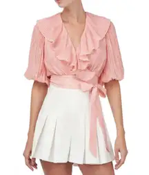 💕AMUR💕 Naya Ruffled Wrap Top Lemon Peach Rose Lace Small Puff Sleeve Crop Top