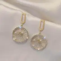Women's Crystal Pearl Gold Wheel Dangle Drop Earrings