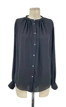 Aritzia Babaton Blouse Top Button Down Collarless Long‎ Sleeve Satin Black Small