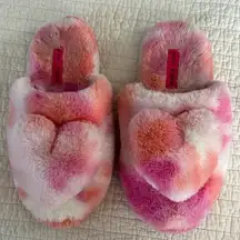 BETSEY JOHNSON‎ Fuzzy Pink White Heart Slippers Size Extra Large 11-12
