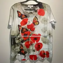 Breckenridge- Butterfly & Floral Red & Neutral Design Tiered Ruffle Top- Size XL