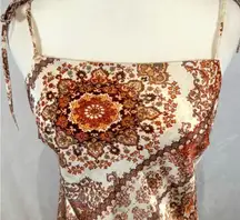 Molly Green white and rust boho tie shoulder satin slip mini dress size small