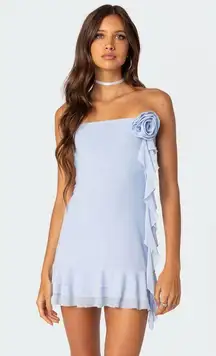 Edikted Blue Thalia Flower Pin Ruffle Mini Dress