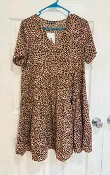 HTFBM Leopard Print Mini‎ Dress Short Sleeve Tiered Casual Pink Size S