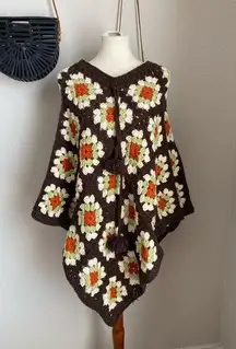 Vintage Granny Square Floral Afghan Crochet Poncho Shawl Sweater Handmade