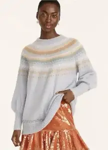 J Crew Fair Isle Yoke Puff Sleeve Sweater Blue Alpaca Wool Womens Medium