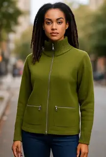 Bernardo Wool Full Zip Sweater Jacket Olive Green Knit Collared Womens