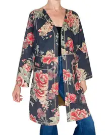 Anthropologie  Black & Tan Floral Tunic Faux Suede Open Cardigan