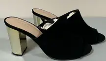 ALDO Black Gold Suede Peep-Toe Chunky Sandals Heels Mules Shoes Size 9 🖤✨