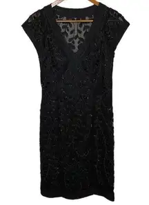 Sue Wong Beaded Sequin Sheath Dress Black Short Sleeve V-Neck, size 4