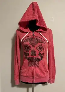 EUC Volcom Red and Black Skull Graphic Zip Up Hoodie size XS