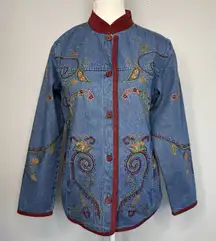 Denim & Co Embroidered Denim Jacket Women’s XS Red Floral Button-Up Boho Cottage