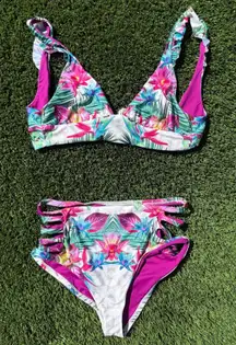 Isabella Rose Floral Bikini Set Ruffle Strap‎ High Waist Swimsuit L