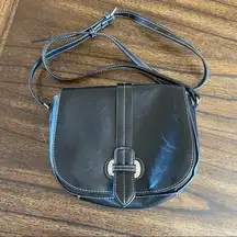 Black cross body purse with silver buckle