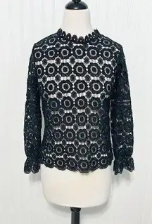 None Boho Open Knit Crochet Floral Lace Top Long Sleeves High Neck Black Size Large