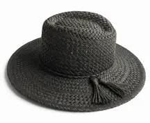 Anthropologie Women's Black Woven Tassel Fedora Hat Boho Wide Brim 100% Paper OS